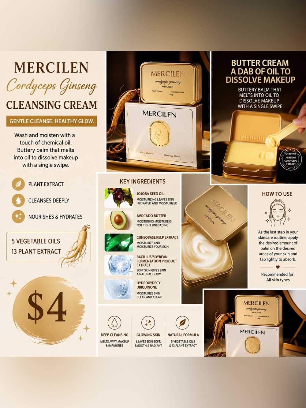 Makeup remover Ginseng Cleansing Cream - Gold/White Nourishing Balm